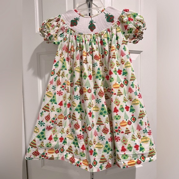 CUTE💝 Smocked Christmas Dress - Ornament Covered Fabric , Buttons on Back - Picture 2 of 10